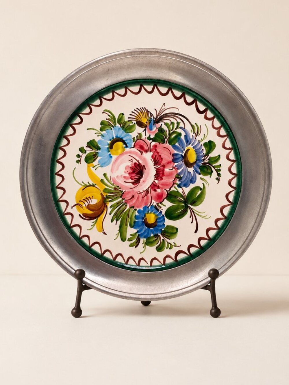 Vintage Ulmer Keramik Floral Pewter Rim Plate German Folk Art 9.5”